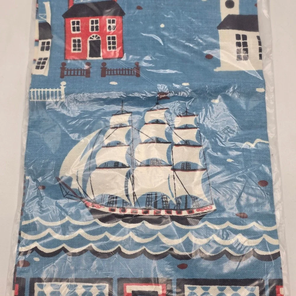 Kitchen Towel Vintage Nautical Sailing Ship Blue Mid Century Coastal Decor